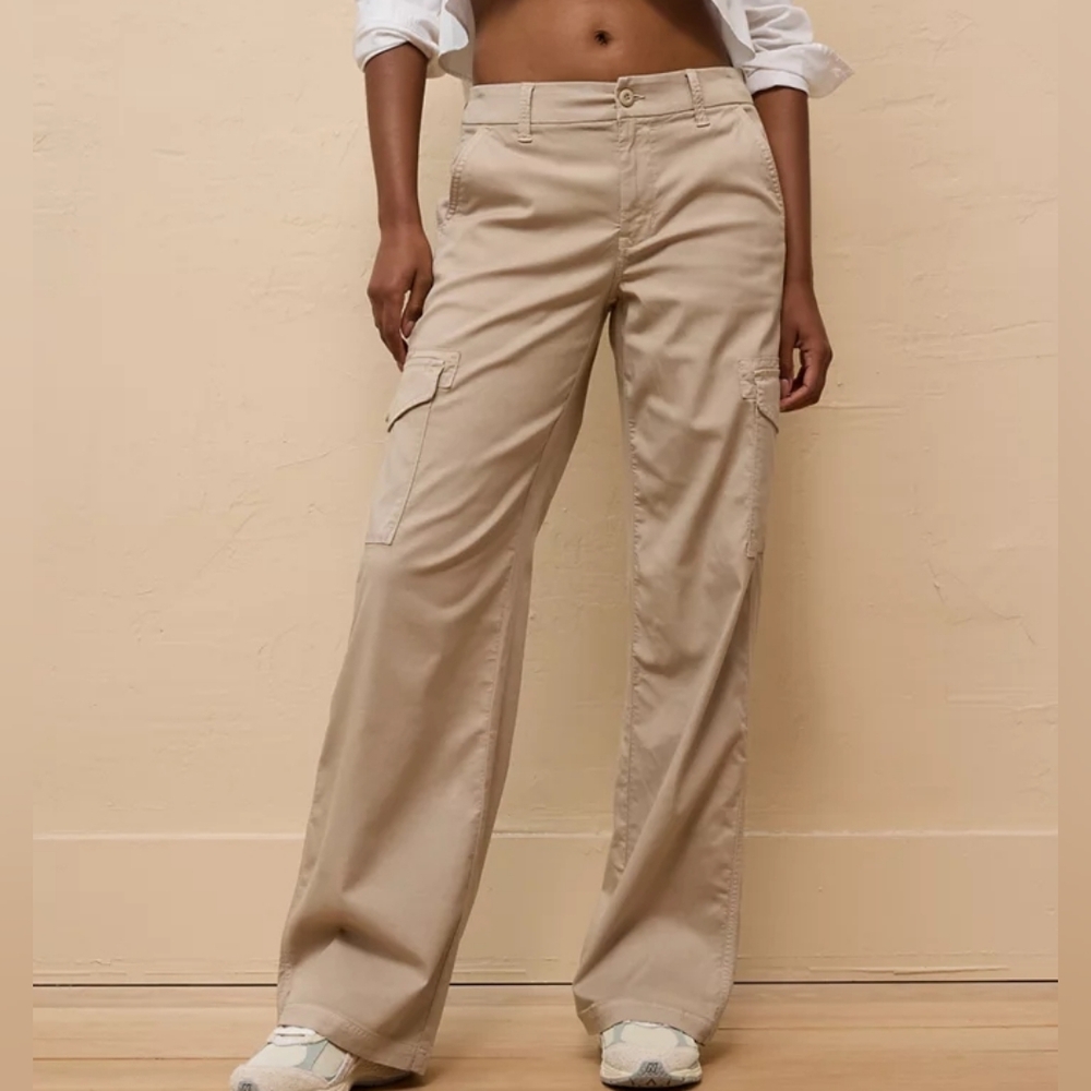 American Eagle Stone Dreamy Drape Baggy Wide Leg Stretch Cargo Trousers Size 6S